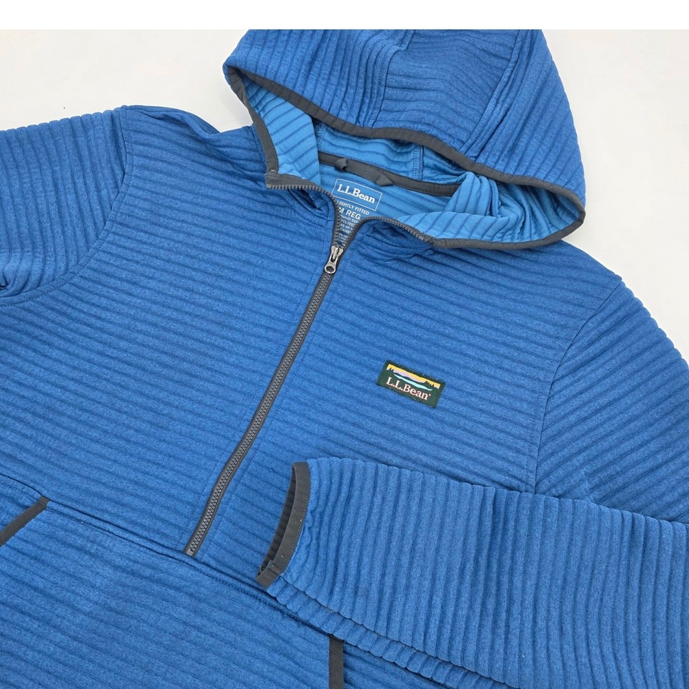 LL BEAN RIBBED 1/4 ZIP HOODIE SWEATSHIRT MENS MEDIUM SLIGHTLY FITTED BLUE FLEECE
